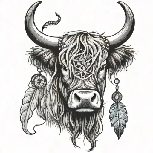Highland Cow Head And Dream Catcher Entangled