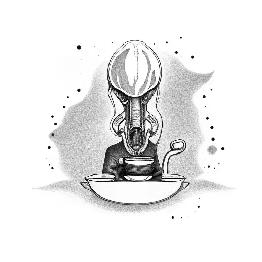 A Black-grey Tattoo Of An Alien Artist Painting A Mural Of A Coffee Cup On A Book