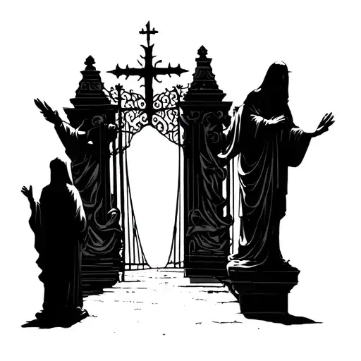 Silhouettes Of People Stanging In Front Of The Gates Of Heaven
