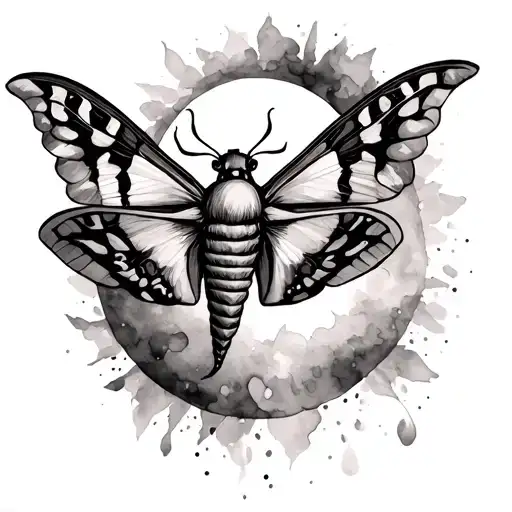 Moth Tattoo With Watercolor Wings And Filipino Sun In Black And Gray Color