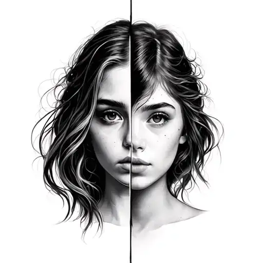 Equally Split Half Girl Face With Creative Idea