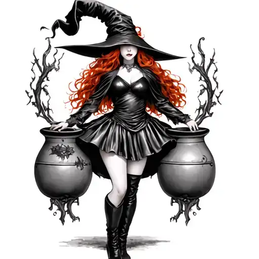 Red Head Witch By Cauldron Short Leather Skirt