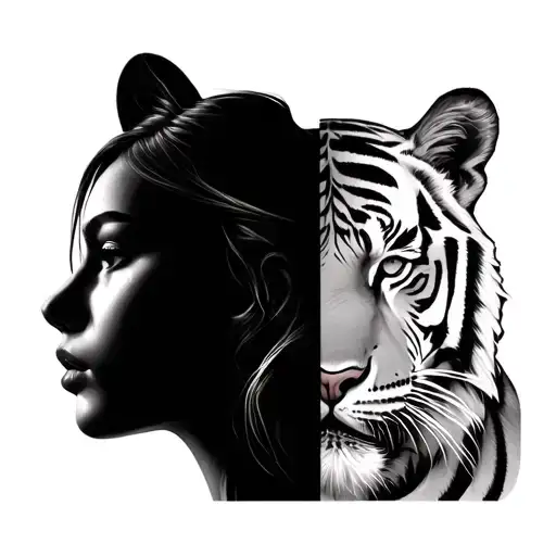 Equally Split Girl Face And Tiger