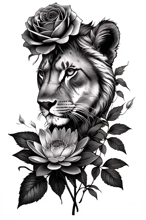 Rose And Peony And Aster And Narcissus And Water Lily And Lioness Half Face