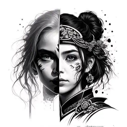 Equally Split Girl Face From Front With Samurai Paint