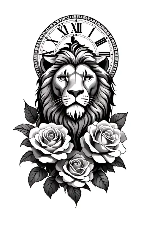 Lion With Clock Behind And Roses