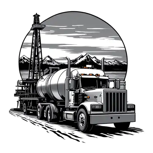 Oil Drilling Rig With Alaskan Sunset And Tanker Truck In Front