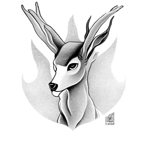 A Black-grey Tattoo Of A Mystical Faun Sitting Among A Lush Forest