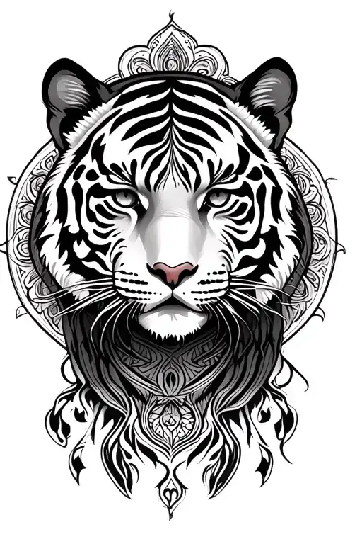 Mandala Border And Human Female Face Inside Tiger Head