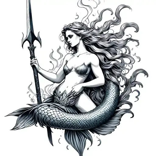 Mermaid Tattoo With Poseidon's Spear In Hand Holding