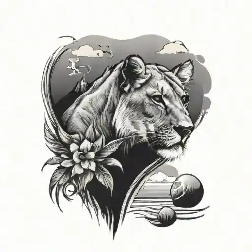 A Tattoo Featuring A Lioness And A Beach Scene Intertwined