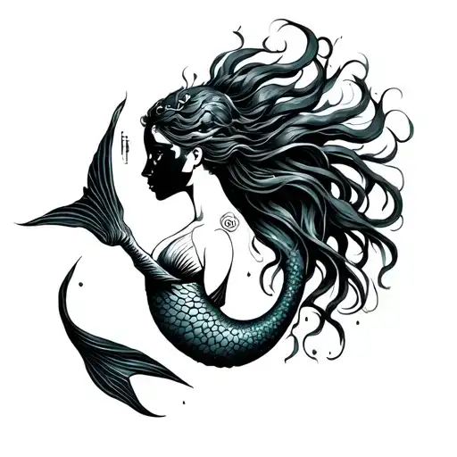 Mermaid Tattoo With Pisces Symbol Hold By Hand