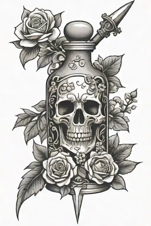 Girly Poison Bottle With Dagger And Flowers Surrounding