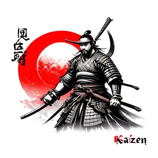 Realistic Samurai Warrior With A Red Sun Behind And The Word Kaizen Parallel To The Samurai