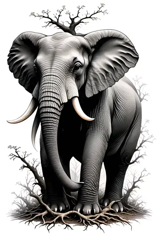 Elephant With Mycelium Roots And Tree Branches
