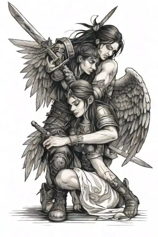 A Warrior With Wings And A Sword Hugs A Girl