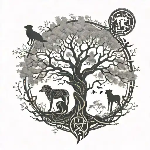 A Tree Of Life Intertwined With Native American Symbols And A Dog Silhouette