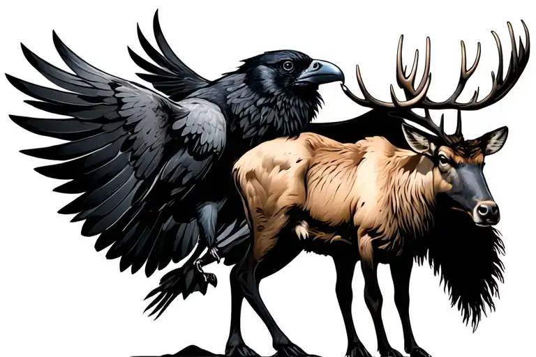 Raven In Flight And Elk Standing