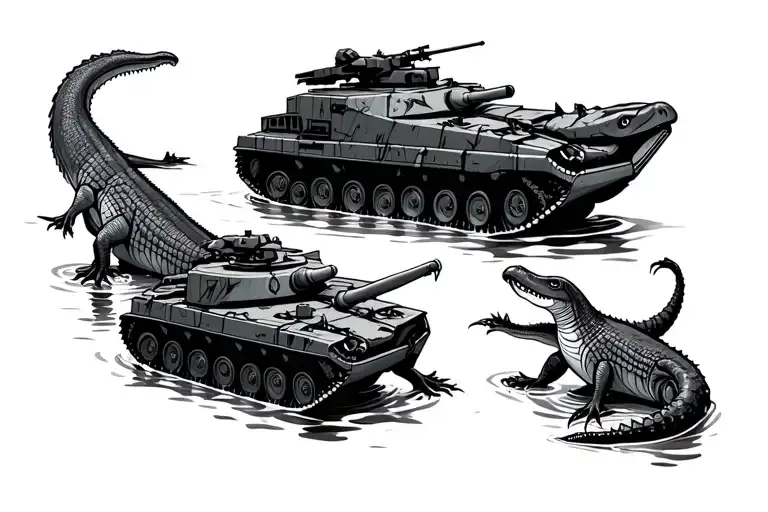 Amphibious Assault Vehicle And Amphibious Combat Vehicle In Water Surrounded By Alligators