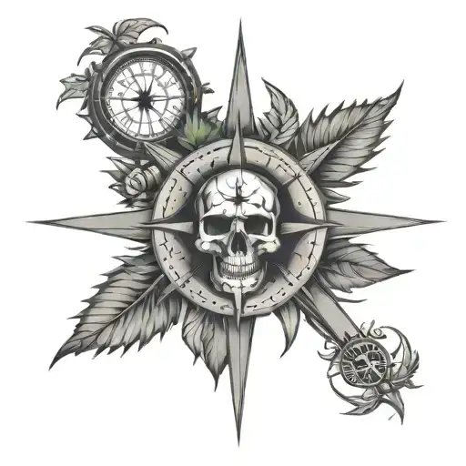 Compass With Sunflower And Marijuana Leaf Skull Center Symbolizing All Those Who Wonder Are Not Lost