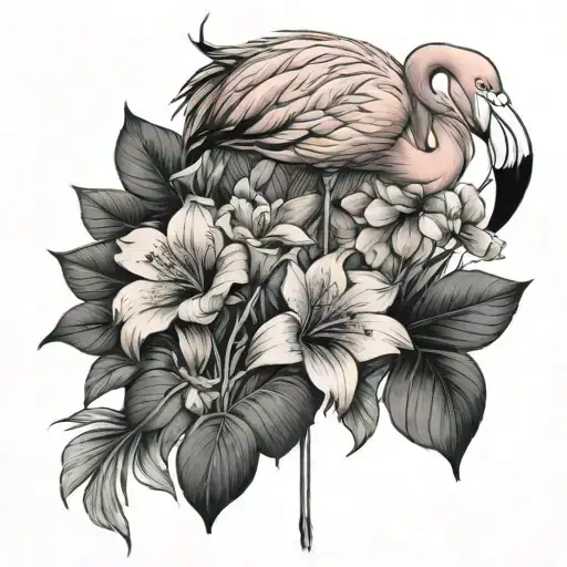 Flamingo With Flowers Blooming