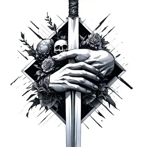 Memento Mori Hands With Sword In The Middle Conceptual Geometric Design