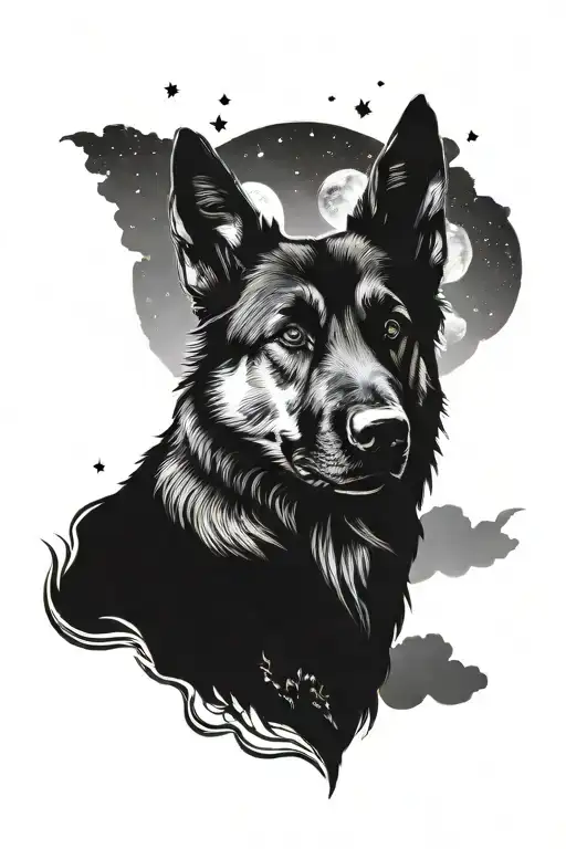 Trees German Sheperd Night Sky Full