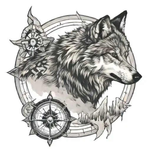 Wolf In Front Of Compass