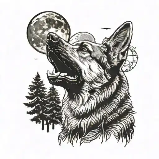 A German Shepherd Dog Howling At The Moon In A Pine Tree Forest