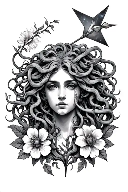 Medusa With Flowers Joining The Sign Of Sagittarius With Universe
