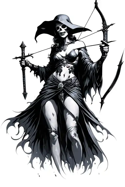Artemis Marilyn Monroe Grim Reaper Silohuette Holding Dagger And Bow And Arrow