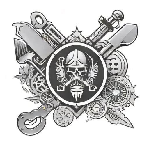 A Mix Of Military Symbols And Cooking Utensils In A Black-grey Design