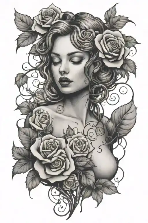 Nude Girl Roses And Vine Growing