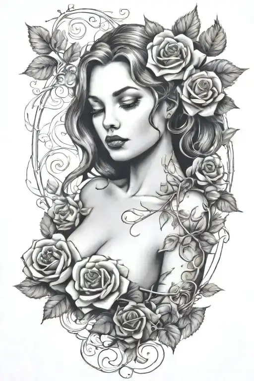 Nude Girl Roses And Vine Growing