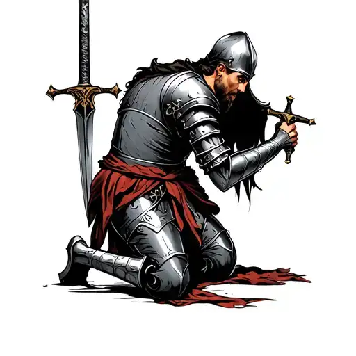 English Medieval Knight Bowing On One Knee Holding Sword