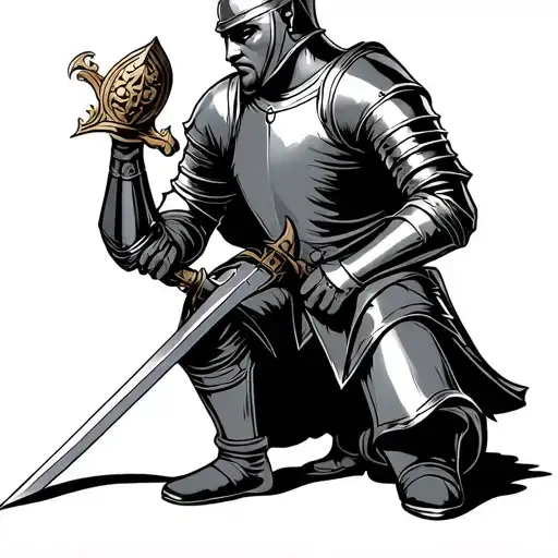 English Medieval Knight Bowing On One Knee Holding Sword