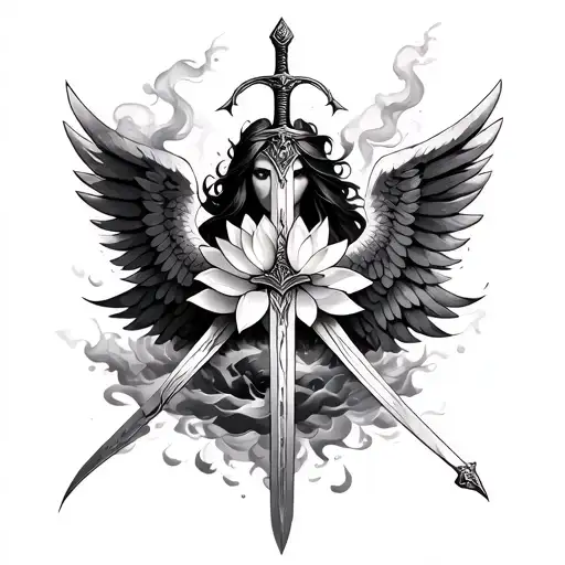 Valkyrie Wings And Sword With Ashes Smoke Lotus Flower Rebirth