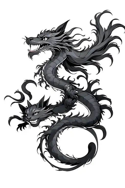 Japanese Traditional Dragon And Cat Twirled Together