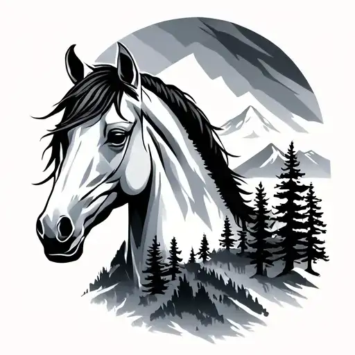 Mountains Filled With Trees Background Looking Add Horse Head