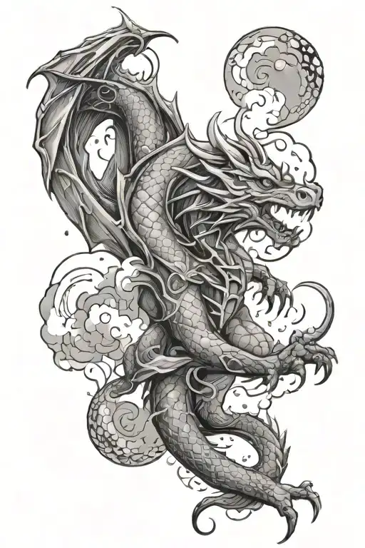 Fantasy Dragon With Moons Stars And Clouds Surrounding