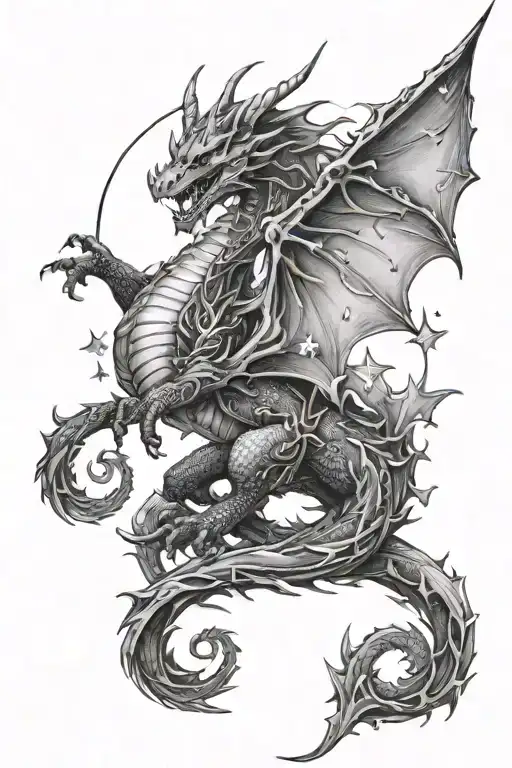 Fantasy Dragon With Moons And Stars Surrounding Them