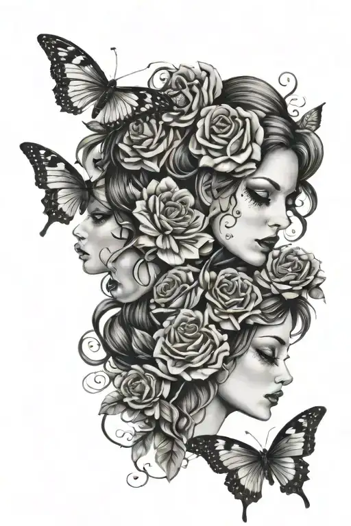 Ladies Face Heaven And Hell Butterflies Roses Growing