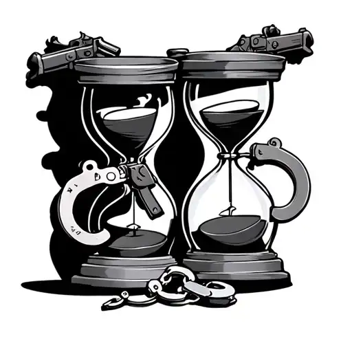 Bonnie And Clyde With Guns And Handcuffs Intertwined Around An Hourglass