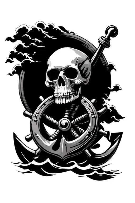 Skull Anchor And Ships Wheel Surrounded By Waves
