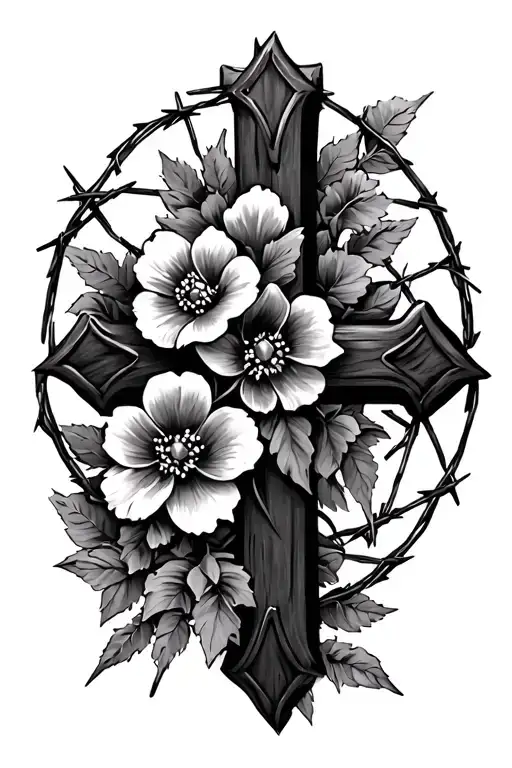 Western Cross With Flowers And Barbed Wire