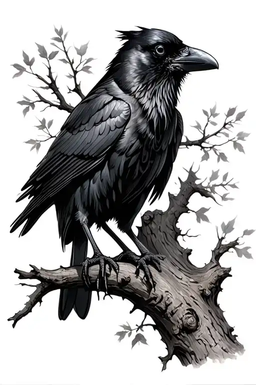 Raven Perched On A Tree Branch