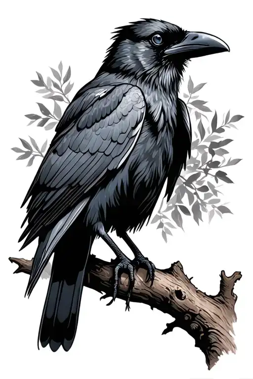 Raven Perched On A Tree Branch
