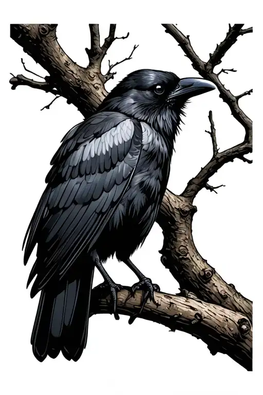 Raven Perched On A Tree Branch Looking Backwards