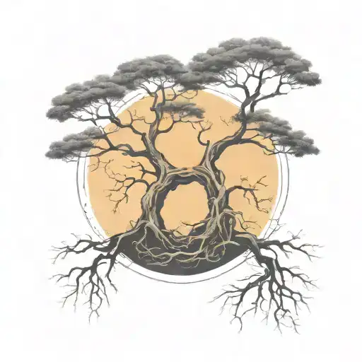 Two Separate Trees With Roots And Branches Intertwined And Forming The Shape Of Leo Symbol