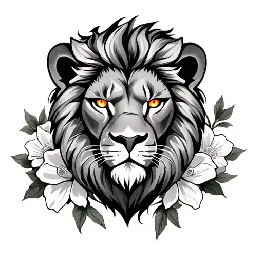 Half Lions Head With Fire Eyes Surrounded By Daffodils Roses Morning Glories